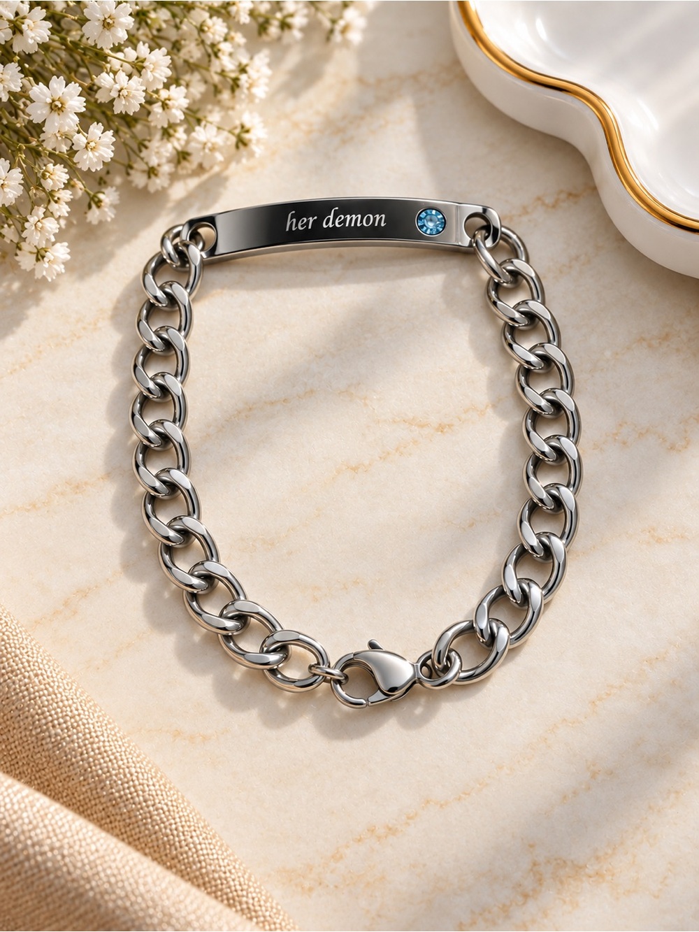 Her Demon Engraved Stainless Steel Bracelet - Silver